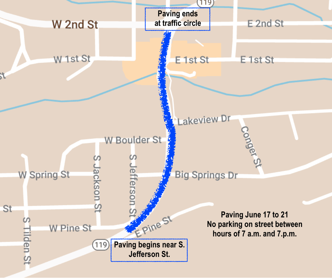 A map of the affected portion of CO-119, beginning near S. Jefferson street, and moving north, ending at the Nederland traffic circle.