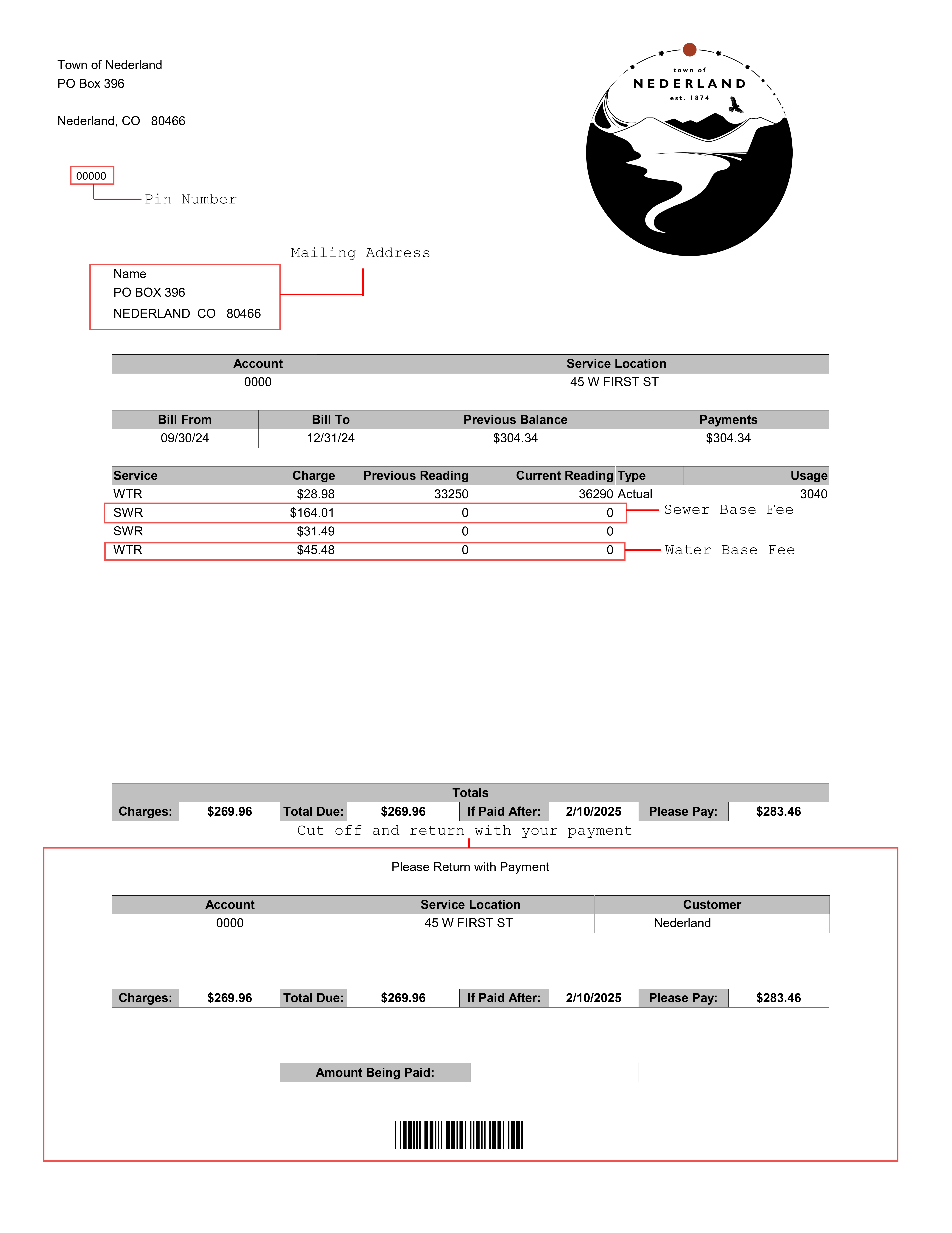 An example of the new full-page residential utility bill. This picture has references showing the new location of the pin number, mailing address, and fees.