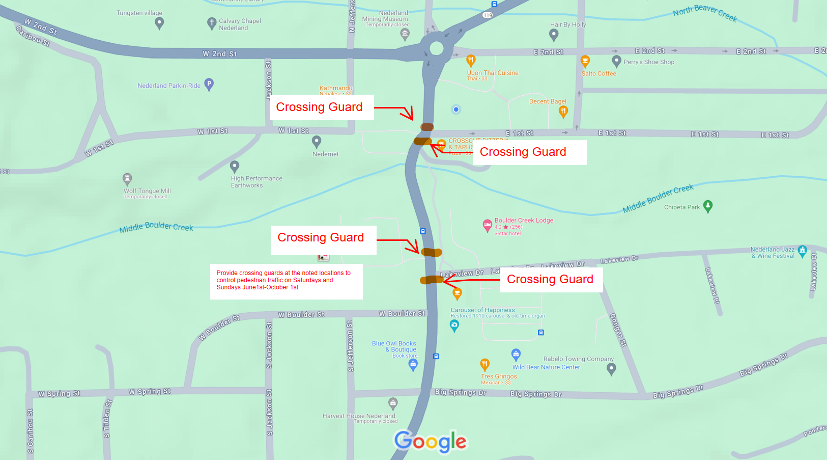 Proposed Traffic Management Plan. Crossing Guards will be stationed on the north and south side of highway 119 at East 1st Street and Lakeview Drive.