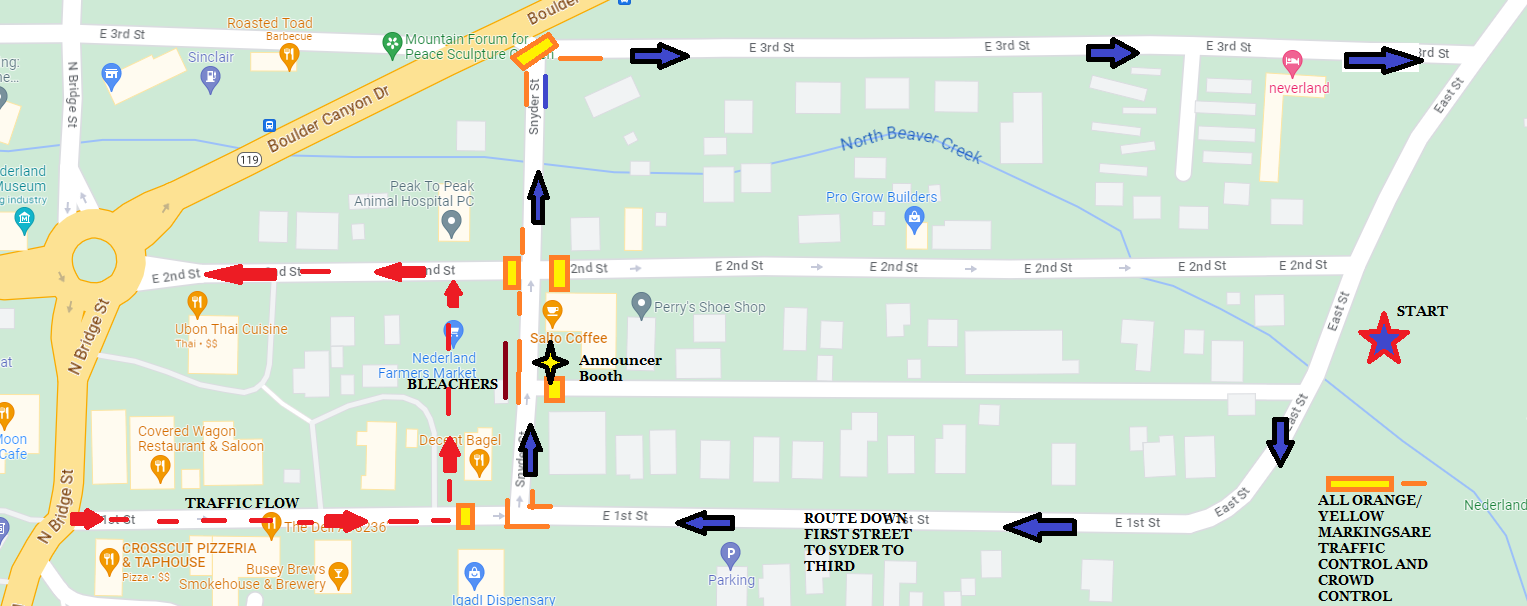 2023 Nederland 4th of July Parade Route. Start on East St, go down E 1st St, up Snyder St, and then down E 3rd St. A detour for E 1st will go through the parking area at 80 E 1st St to E 2nd St.