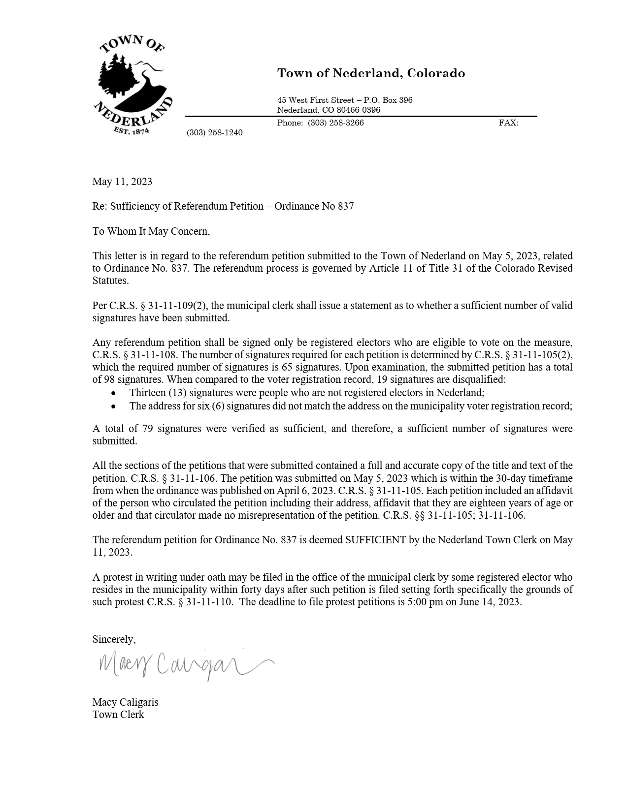 Image of the Statement of Sufficiency - Referendum Petition for Ordinance 837. The text version can be found at https://nederlandco.civicweb.net/document/45738