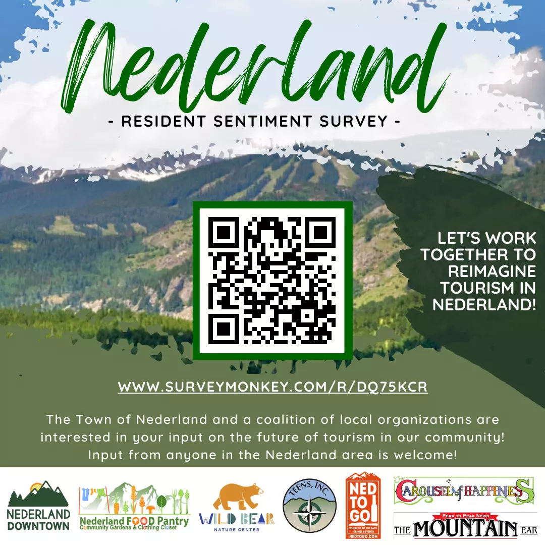 Reimagine Nederland Resident Sentiment Suvey, with Nederland Downtown, Nederland Food Pantry, Wild Bear Natre Center, Teens Inc.,, Ned to Go, Carousel of Happiness, and the Mountain Ear.