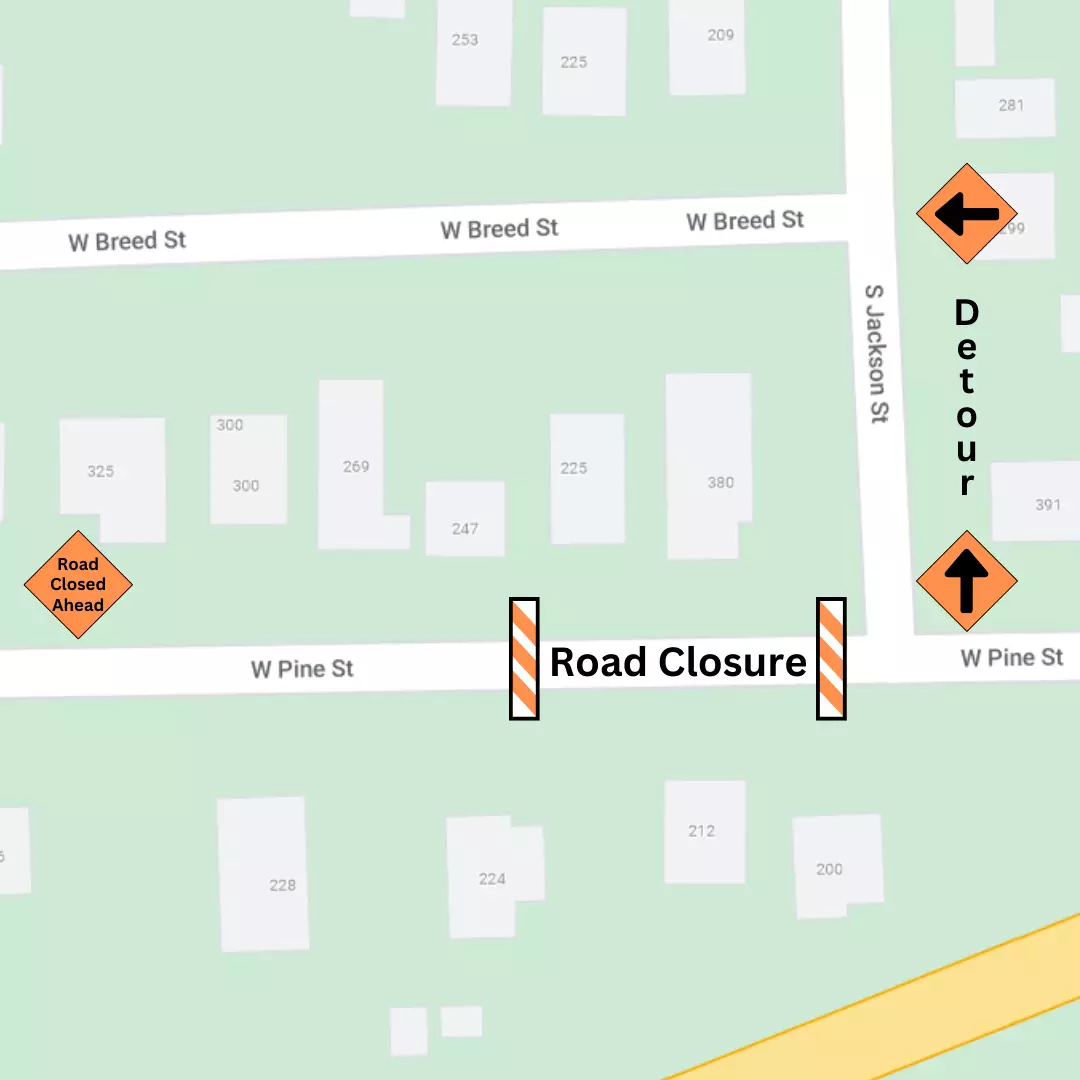 Map of Road Closure at W Pine St and S Jackson